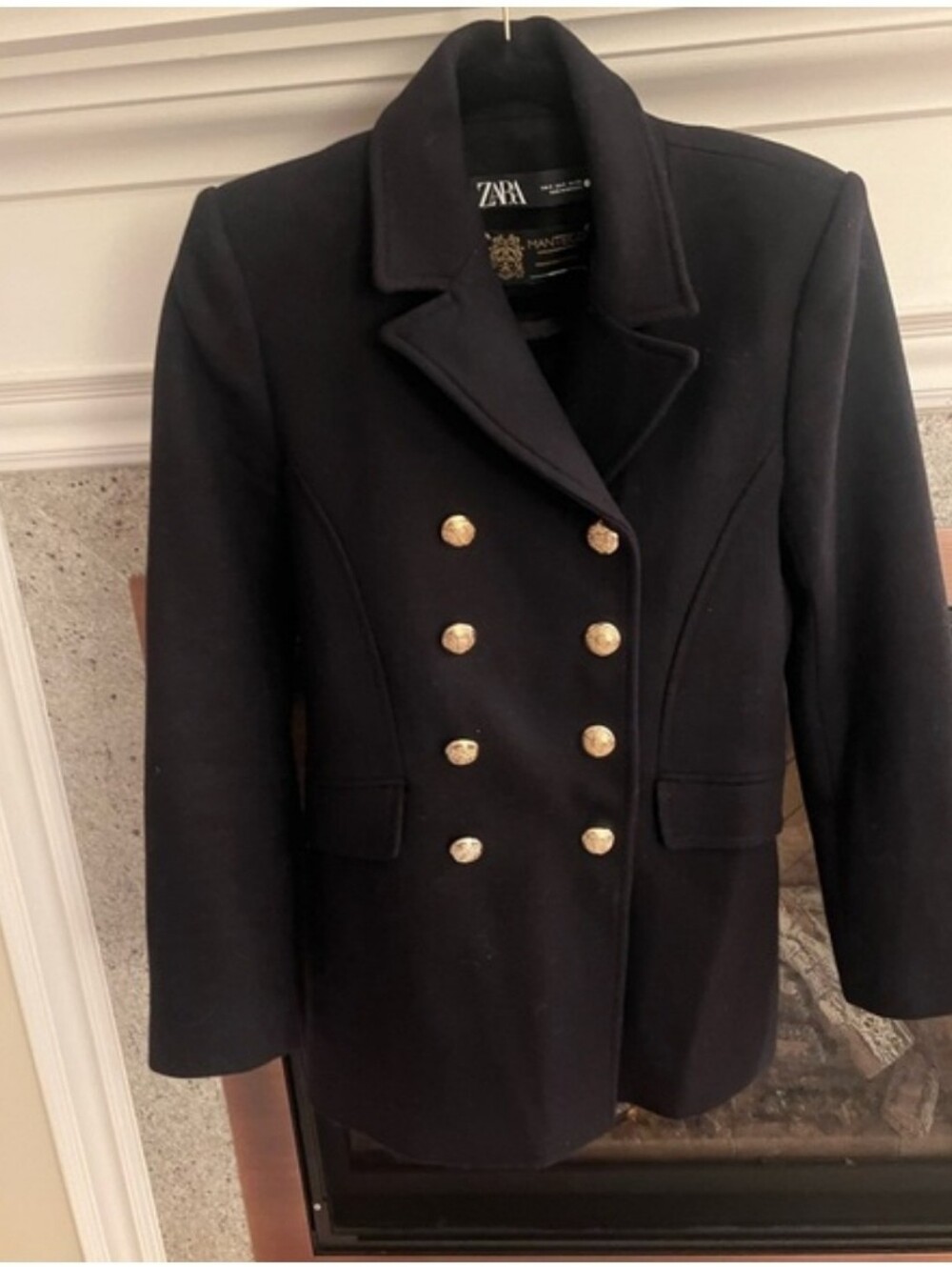 Zara Black Double-Breasted Pea Coat with Gold Buttons
